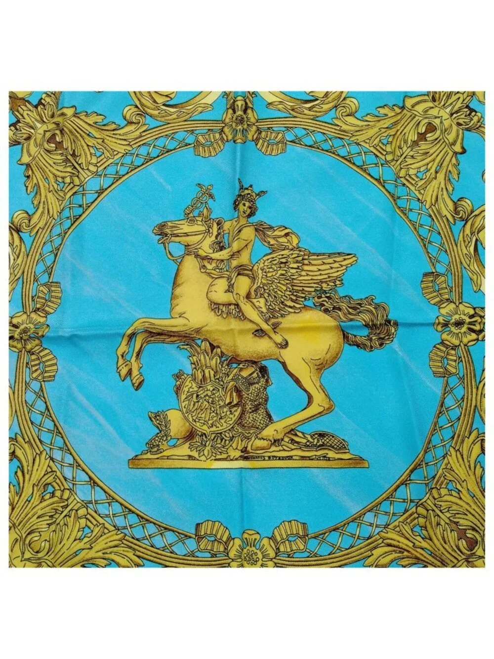 Authentic Hermès Les Tuileries Carré 90 Silk Scarf Blue Gold